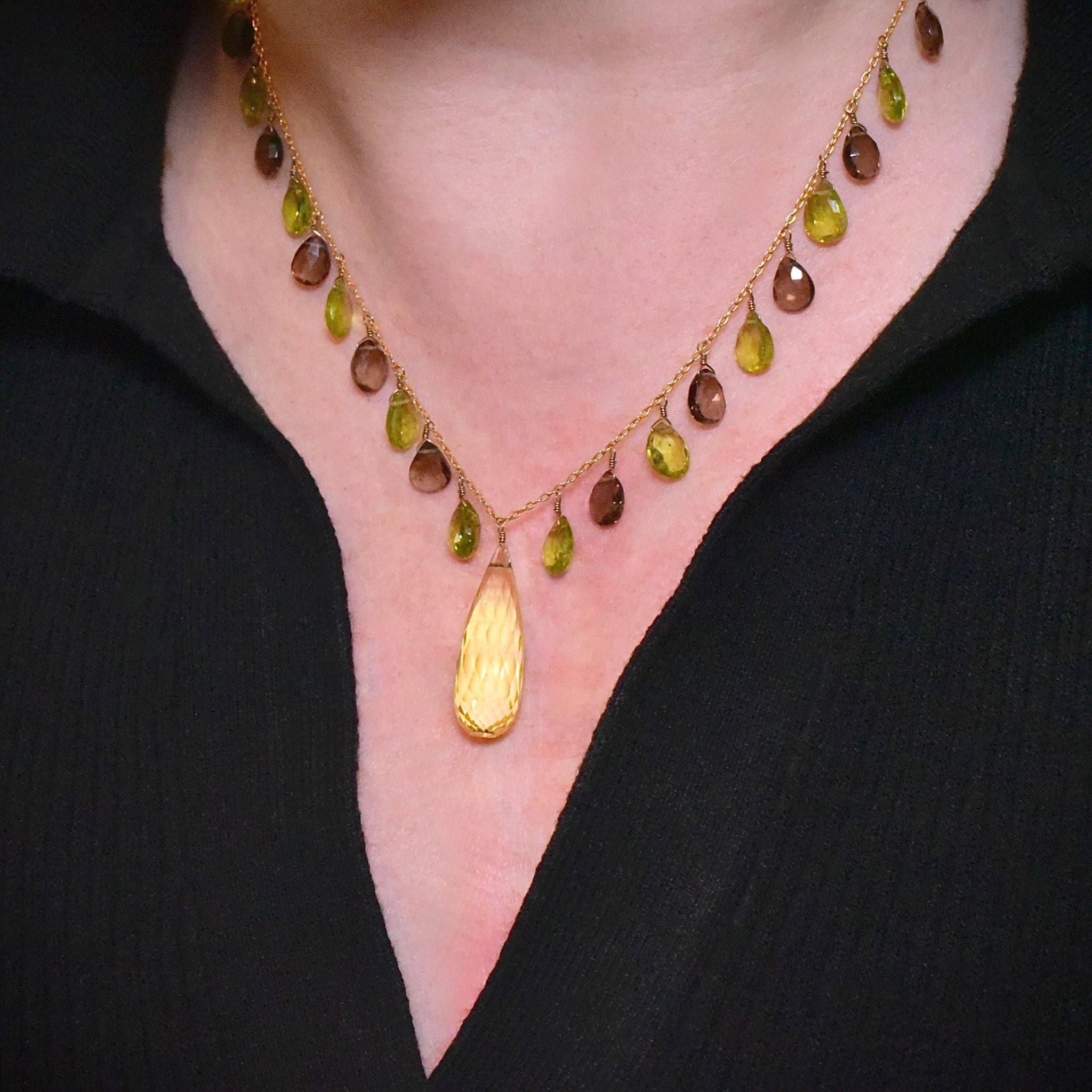 Contemporary 9ct Yellow Gold Peridot, Lemon Quartz, Smokey Quartz Festoon Necklace