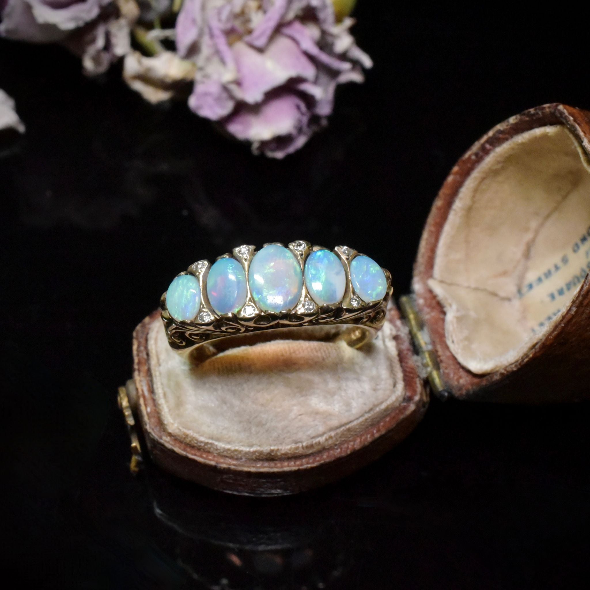 Vintage ‘Antique Style’ 9ct Yellow Gold Solid Opal And Diamond Ring London 1986