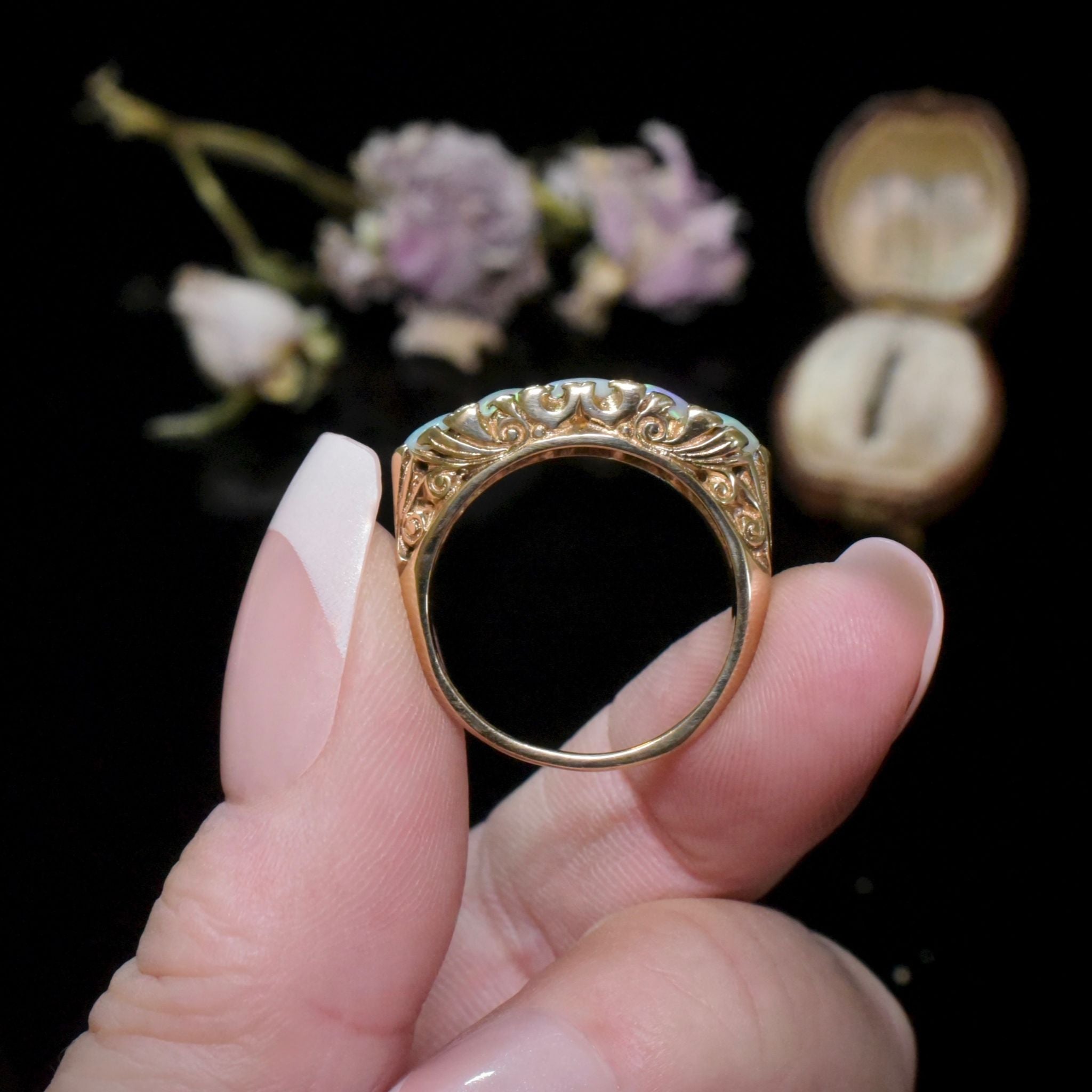 Vintage ‘Antique Style’ 9ct Yellow Gold Solid Opal And Diamond Ring London 1986