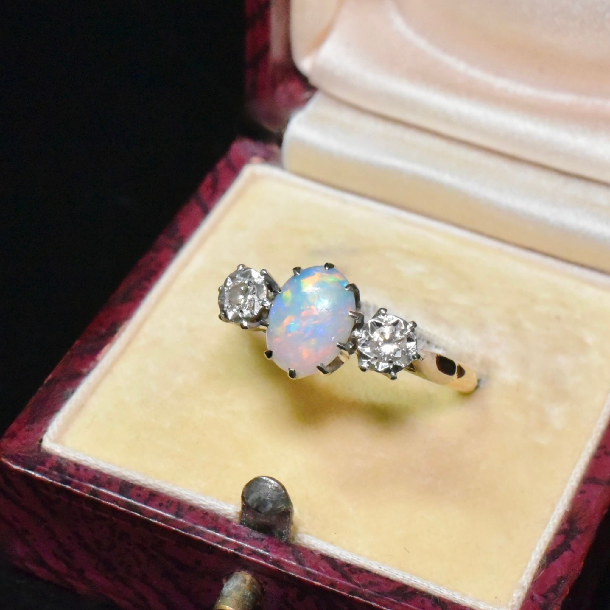 Antique Australian 18ct Yellow Gold Solid Opal And Diamond Ring