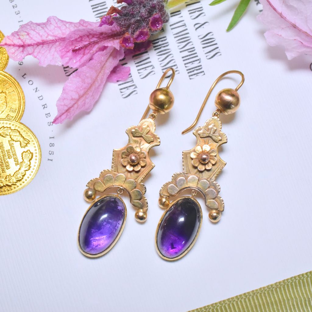 Antique Victorian 15ct Rose Gold And Cabochon Amethyst Earrings Circa 1890’s