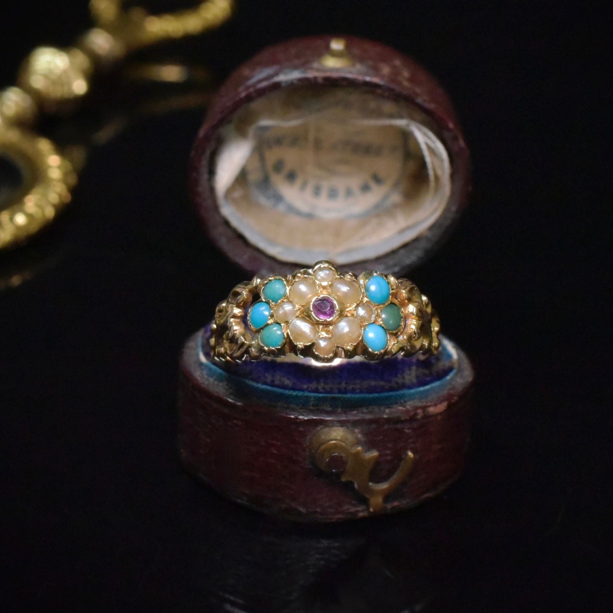 Antique Victorian 15ct (and 9ct ) Yellow Gold Ruby, Turquoise And Pearl Ring - Circa 1840-60’s