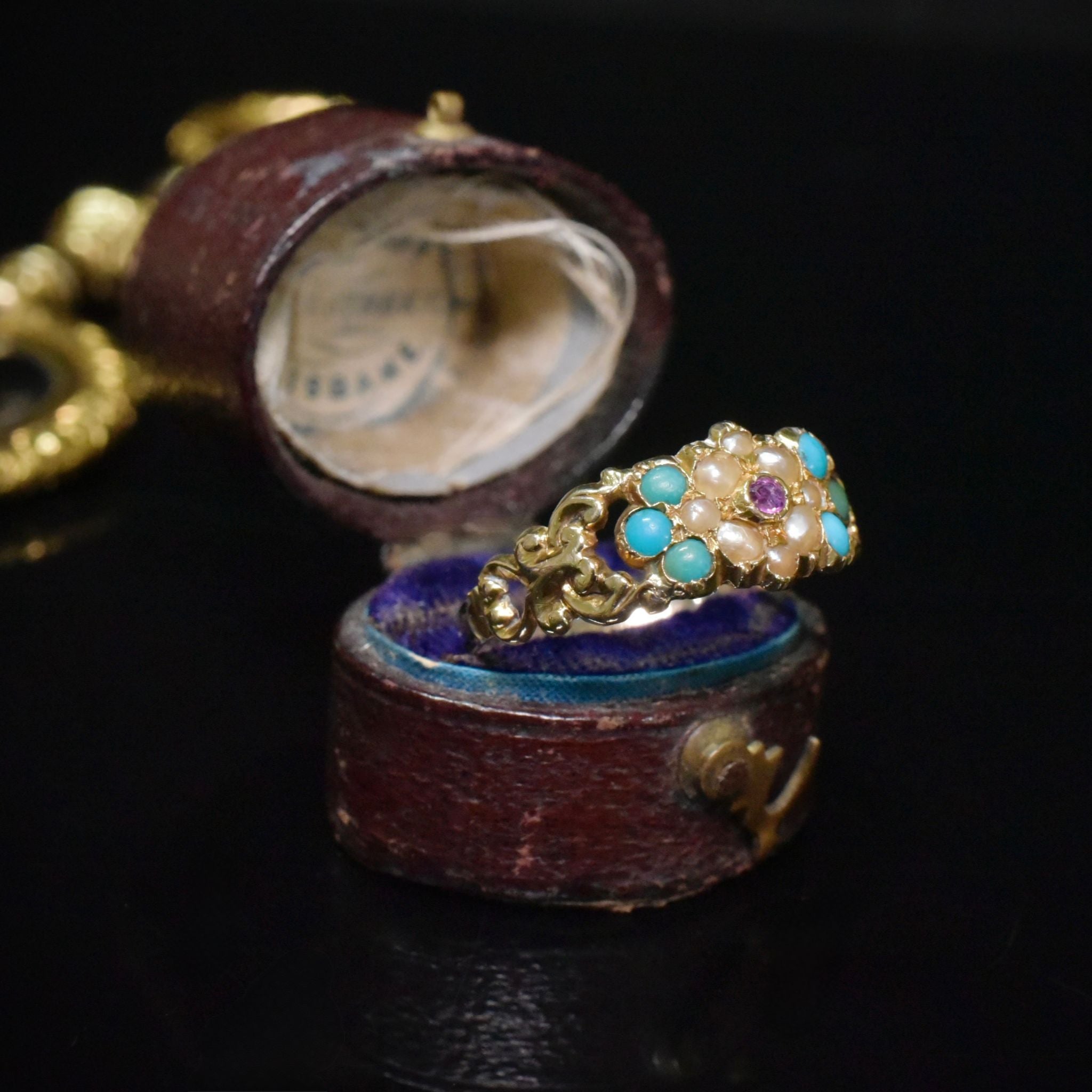 Antique Victorian 15ct (and 9ct ) Yellow Gold Ruby, Turquoise And Pearl Ring - Circa 1840-60’s