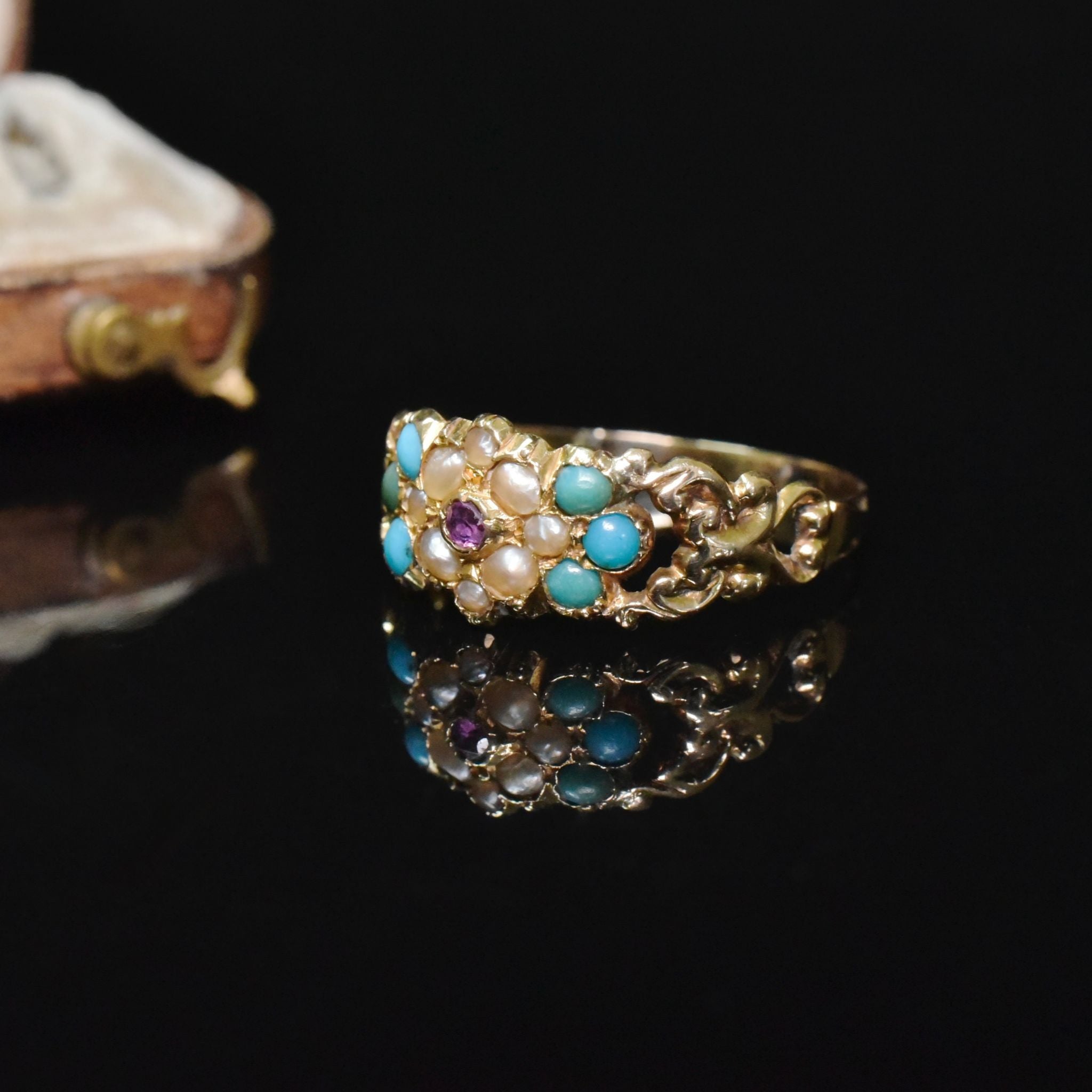 Antique Victorian 15ct (and 9ct ) Yellow Gold Ruby, Turquoise And Pearl Ring - Circa 1840-60’s