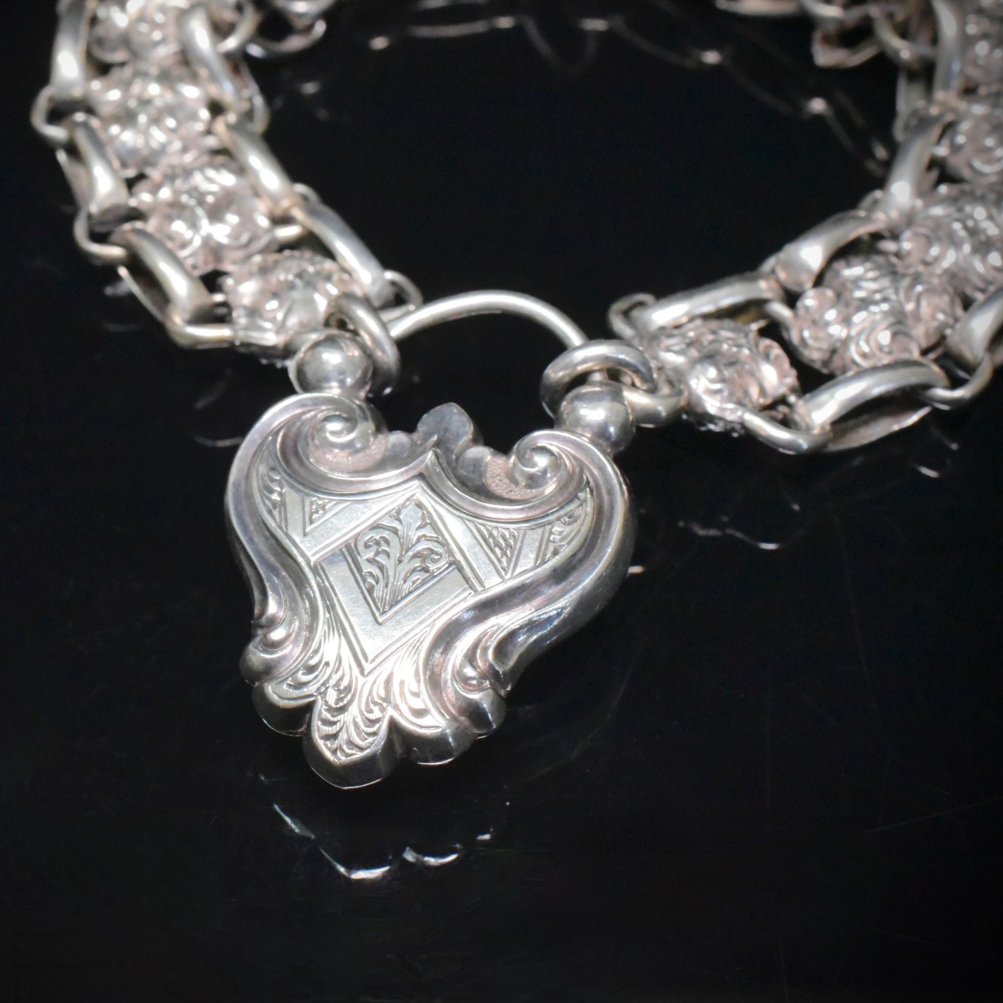 Fabulous Antique Victorian Sterling Silver Heart Padlock Bracelet Circa 1890’s