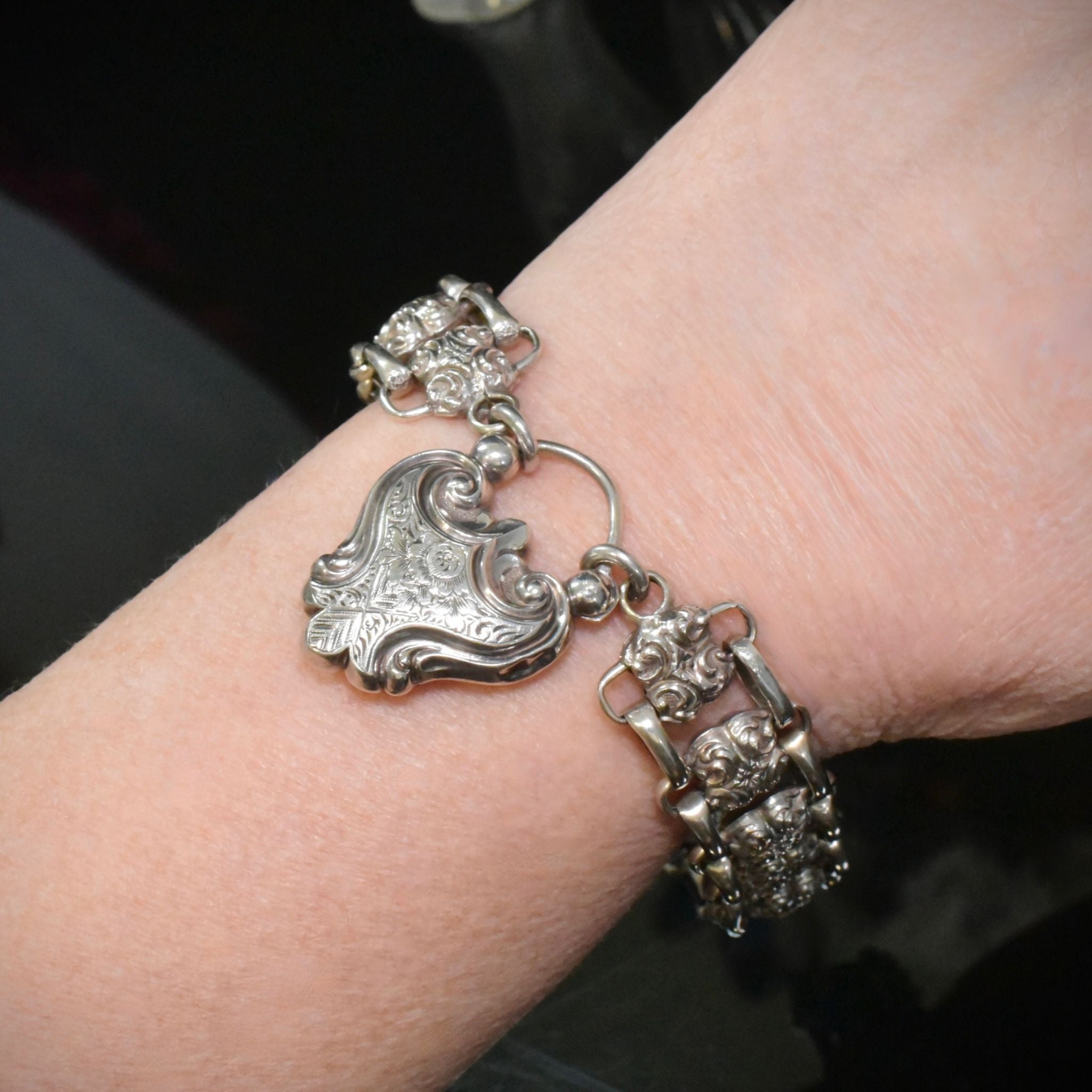 Fabulous Antique Victorian Sterling Silver Heart Padlock Bracelet Circa 1890’s