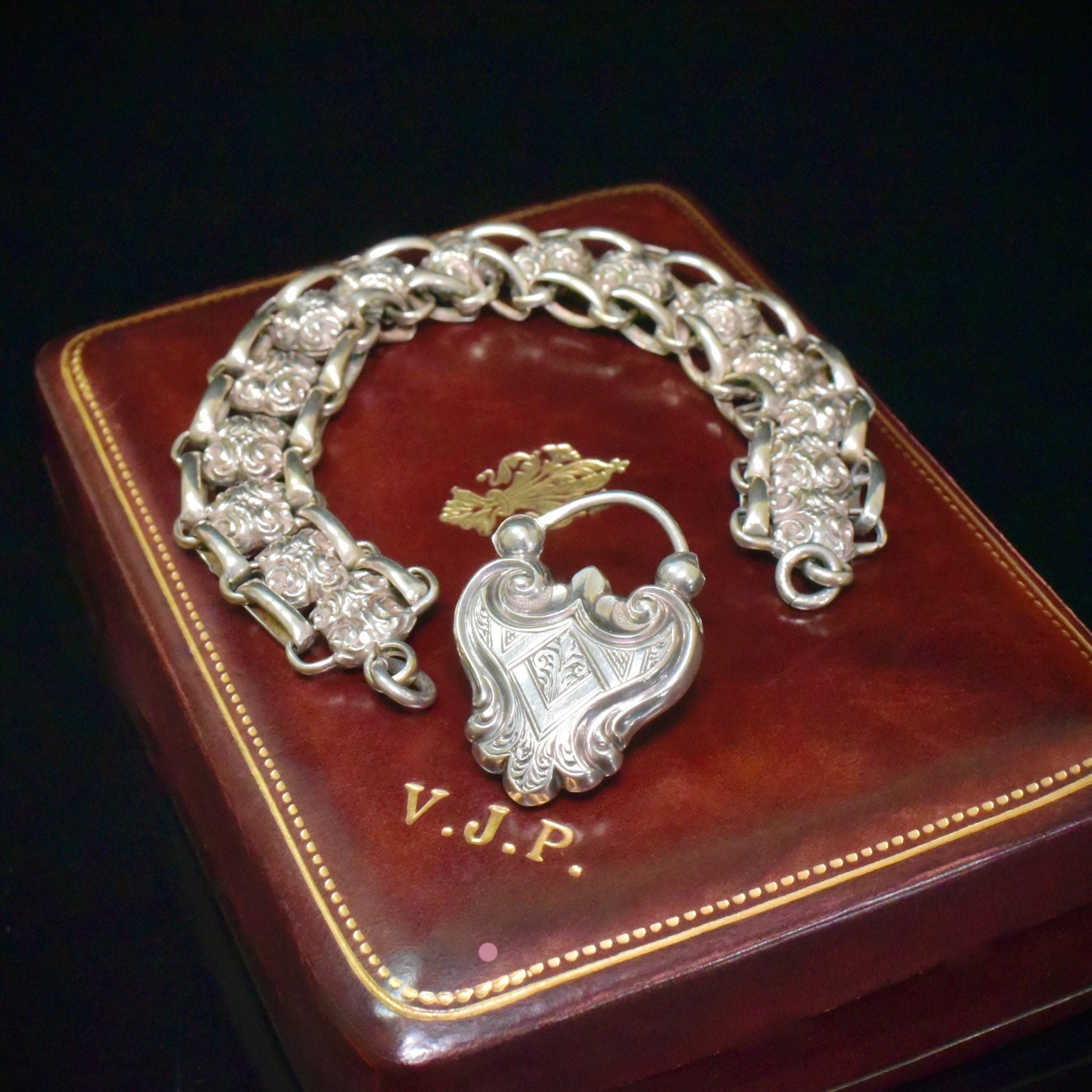 Fabulous Antique Victorian Sterling Silver Heart Padlock Bracelet Circa 1890’s