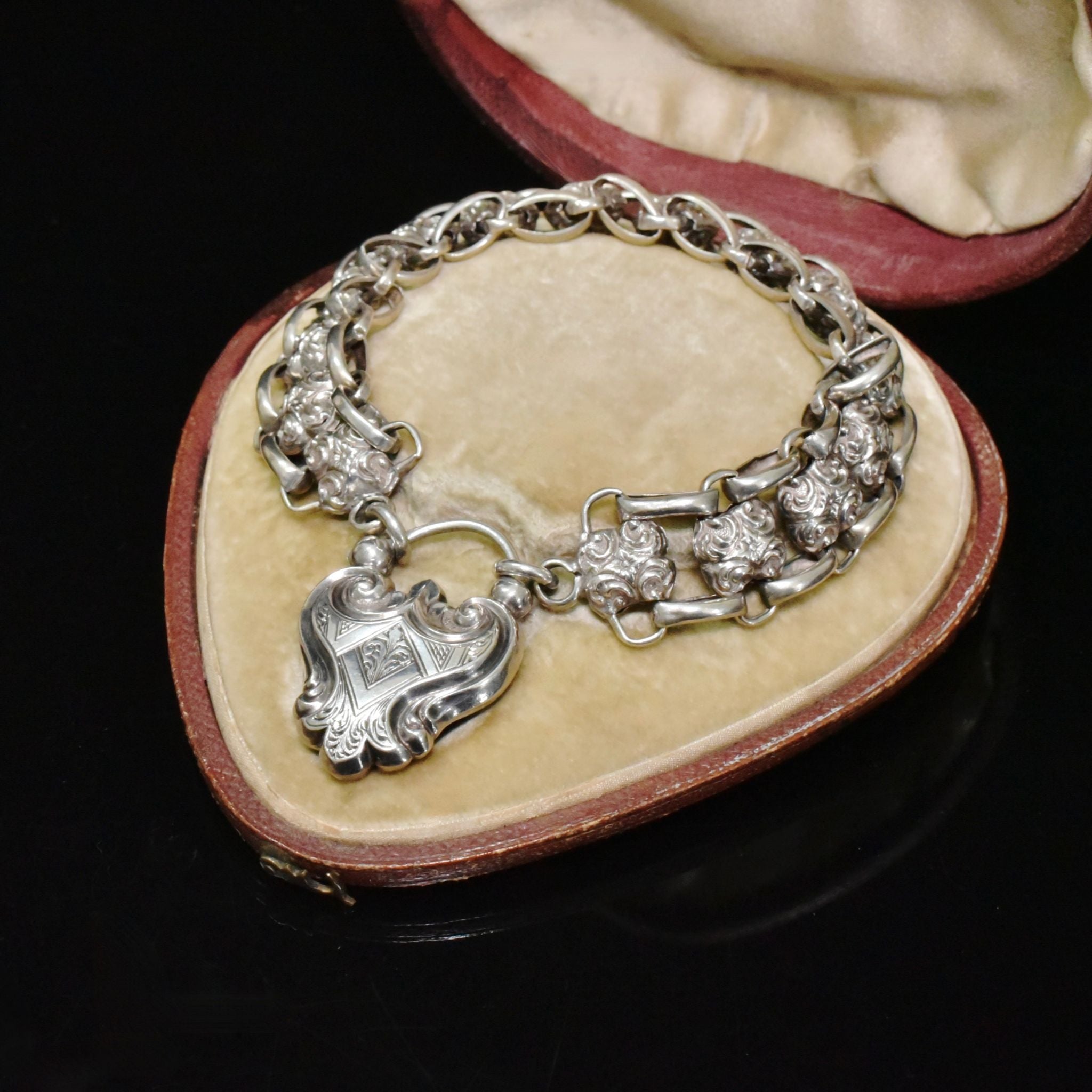 Fabulous Antique Victorian Sterling Silver Heart Padlock Bracelet Circa 1890’s