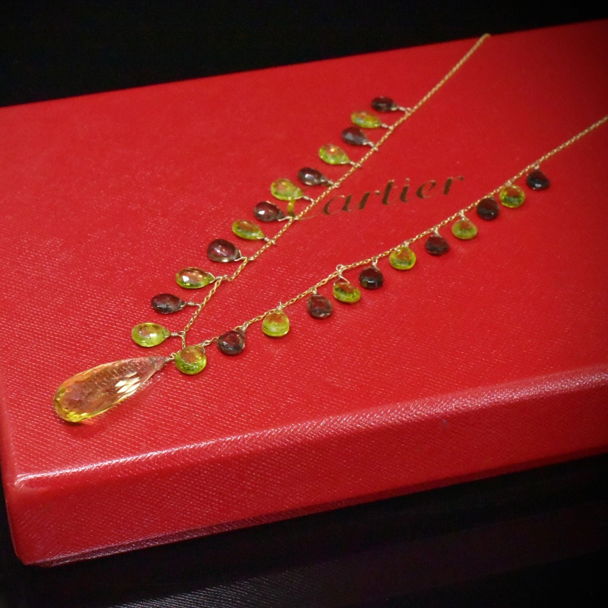 Contemporary 9ct Yellow Gold Peridot, Lemon Quartz, Smokey Quartz Festoon Necklace