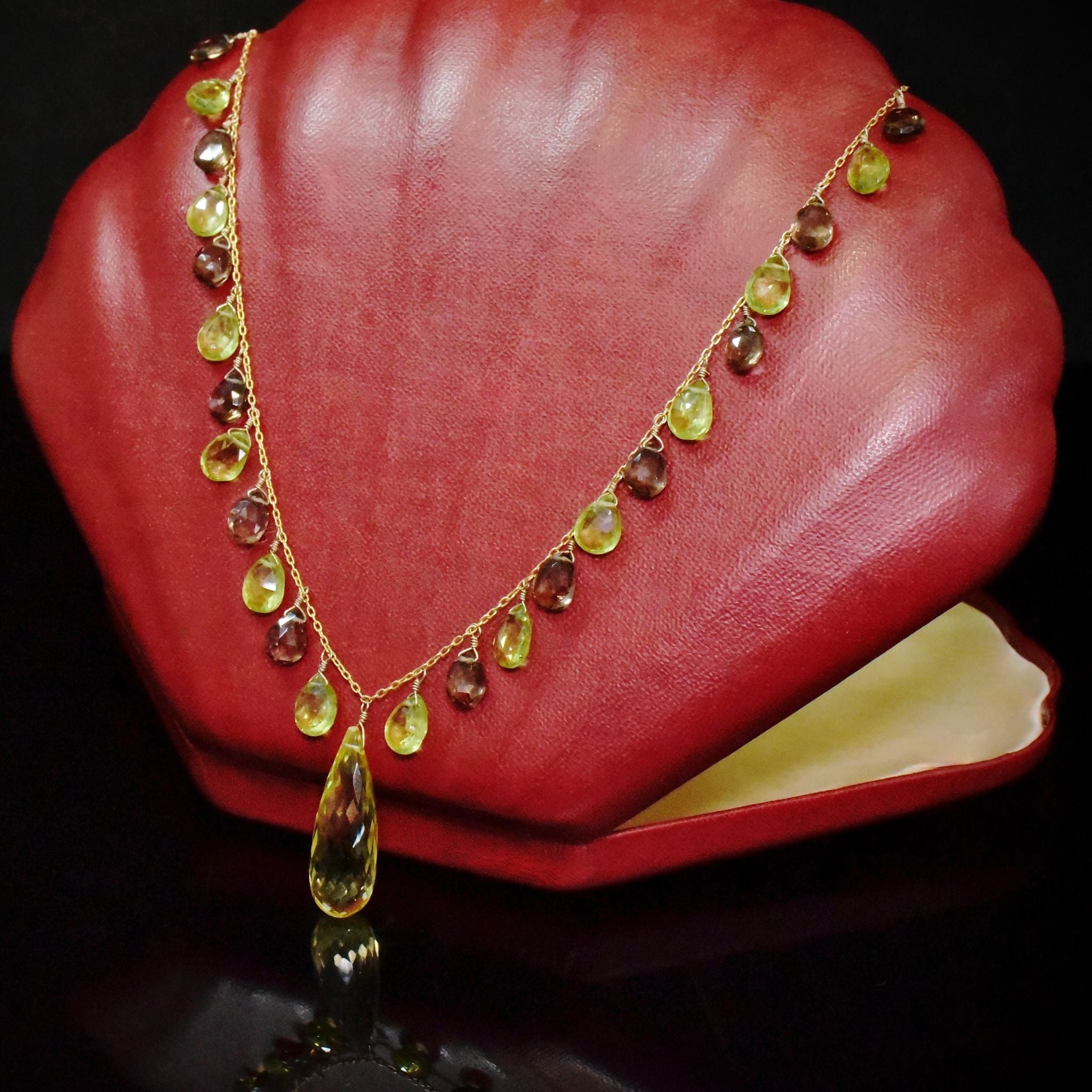 Contemporary 9ct Yellow Gold Peridot, Lemon Quartz, Smokey Quartz Festoon Necklace