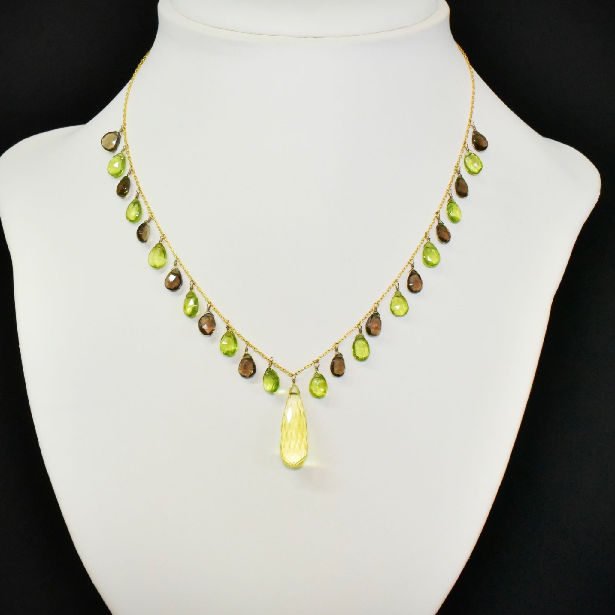 Contemporary 9ct Yellow Gold Peridot, Lemon Quartz, Smokey Quartz Festoon Necklace