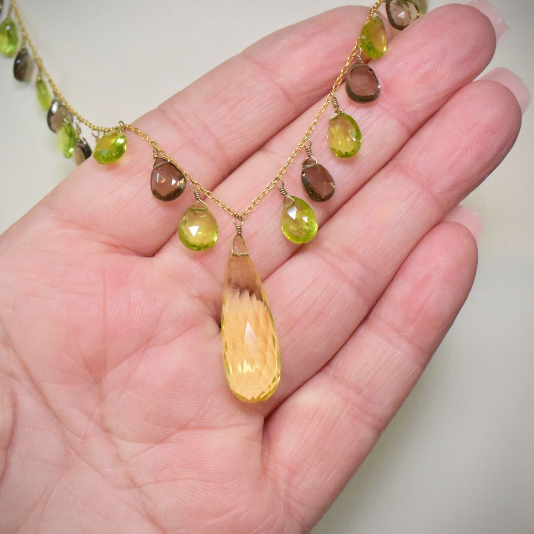 Contemporary 9ct Yellow Gold Peridot, Lemon Quartz, Smokey Quartz Festoon Necklace