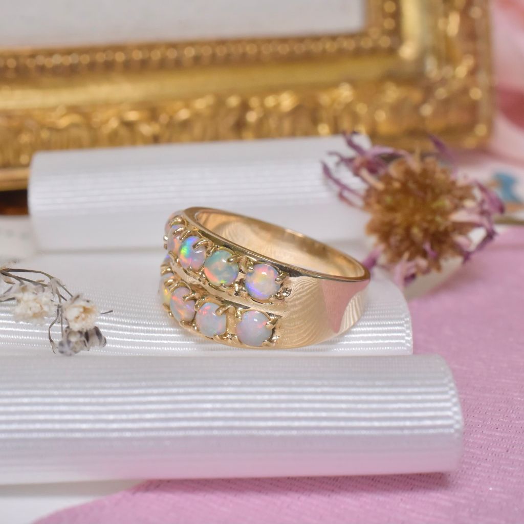 Vintage 14ct Yellow Gold Double Row Solid White Opal Ring