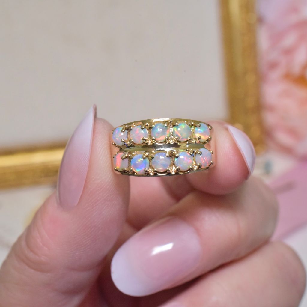 Vintage 14ct Yellow Gold Double Row Solid White Opal Ring