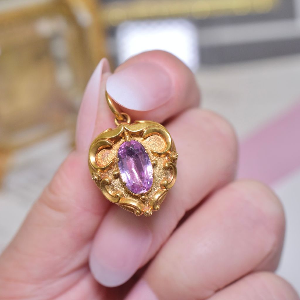 Antique Mid-Victorian 15ct Yellow Gold Amethyst Heart Locket Pendant