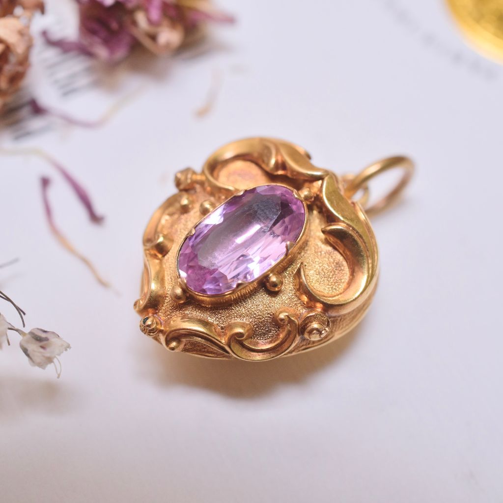 Antique Mid-Victorian 15ct Yellow Gold Amethyst Heart Locket Pendant