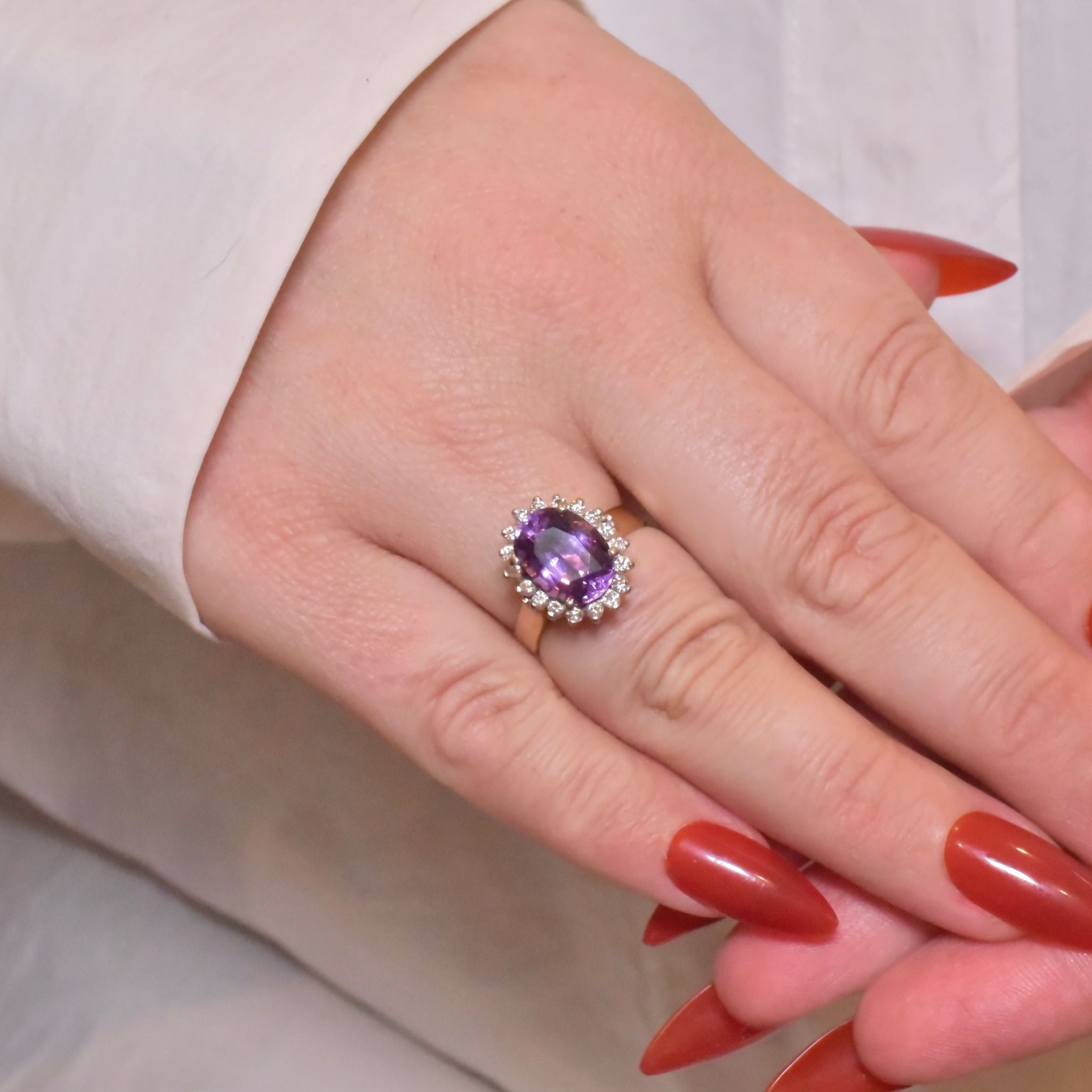 Vintage 18ct Yellow Gold Amethyst And Diamond Ring