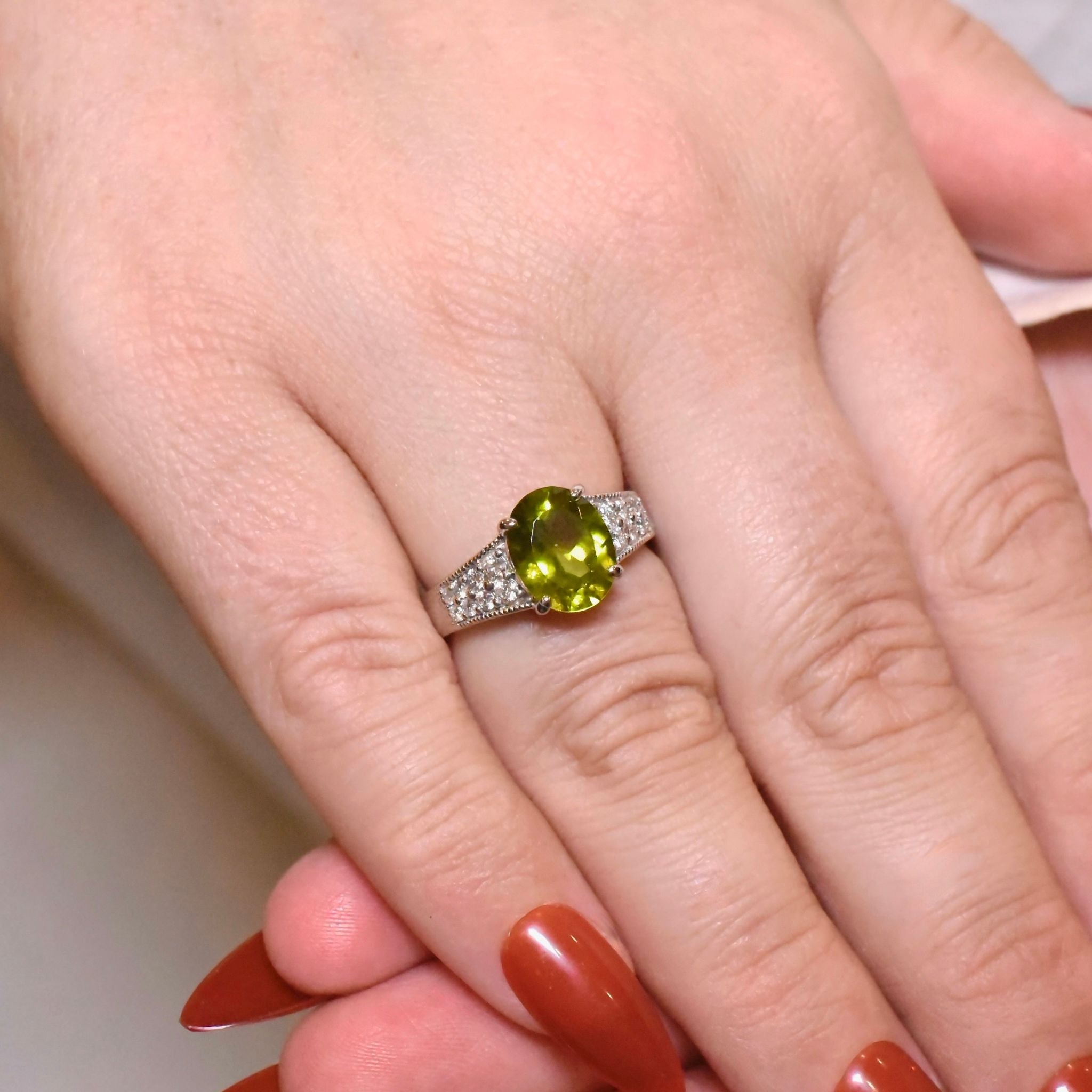 Modern Solid Platinum 2.90ct Peridot And Diamond 0.30ct Ring