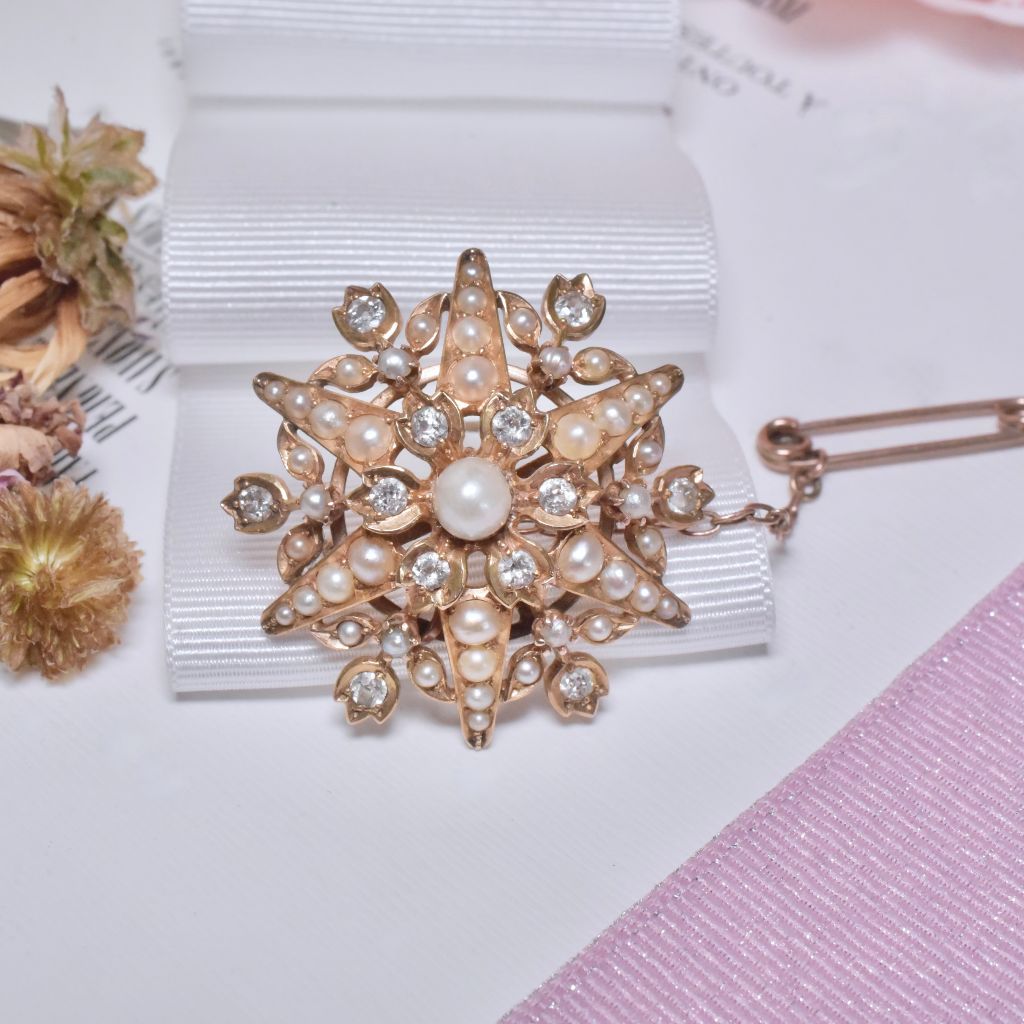 Superb Antique Victorian 15ct Rose Gold Diamond And Pearl ‘Starburst’ Brooch Circa 1890-1900