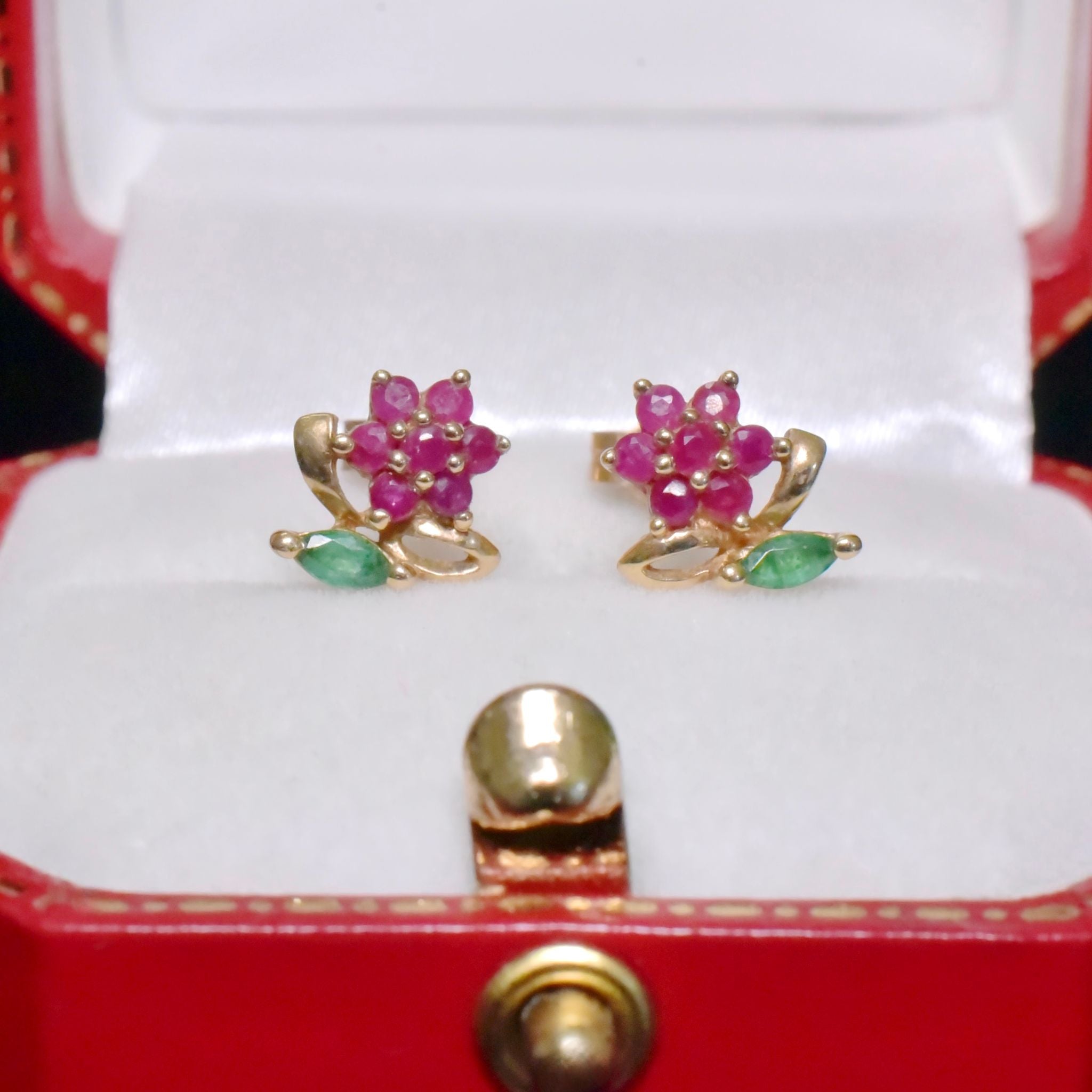 Charming Vintage 9ct Yellow Gold Ruby & Emerald ‘Floral’ Earrings