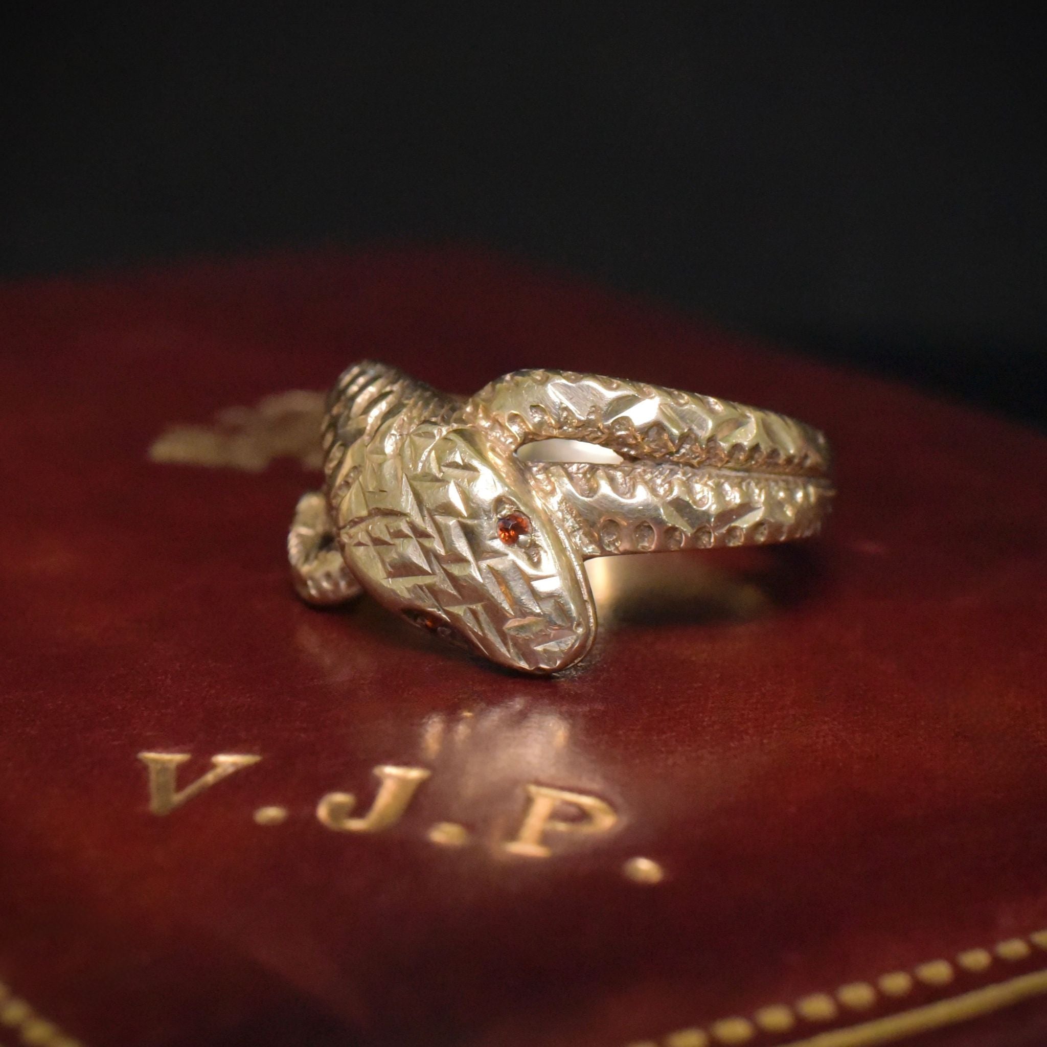 Modern 9ct Yellow Gold And Garnet Coiled Serpent Ring - Birmingham
