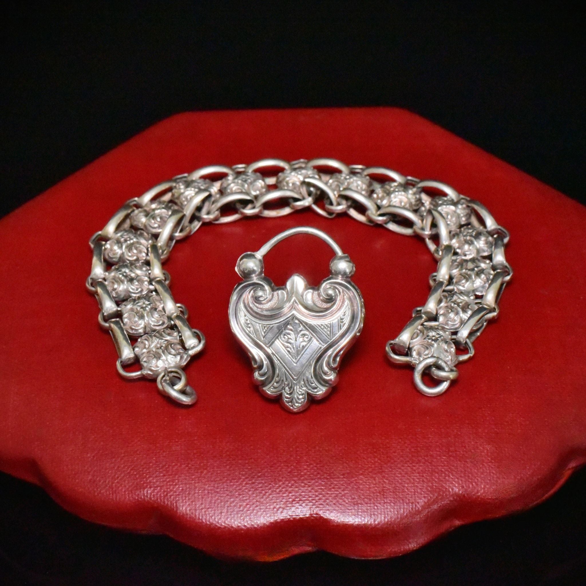 Fabulous Antique Victorian Sterling Silver Heart Padlock Bracelet Circa 1890’s