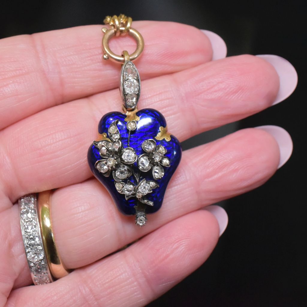 Superb Victorian 15ct Yellow Gold And Enamel Diamond Forget-Me-Not Locket Pendant Circa 1850