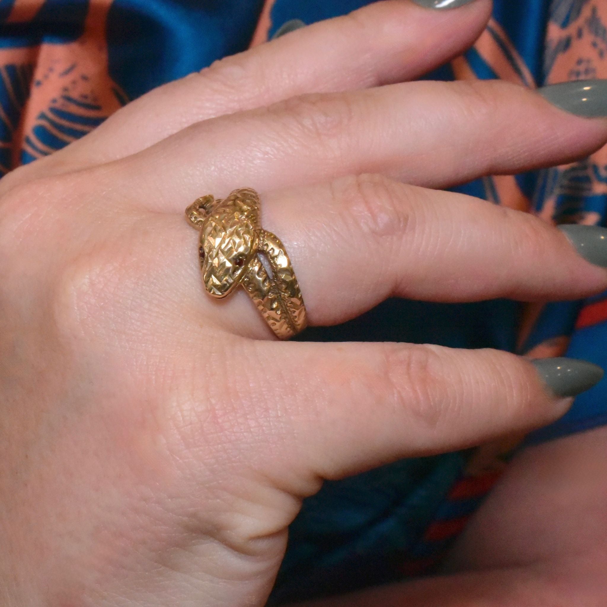 Modern 9ct Yellow Gold And Garnet Coiled Serpent Ring - Birmingham