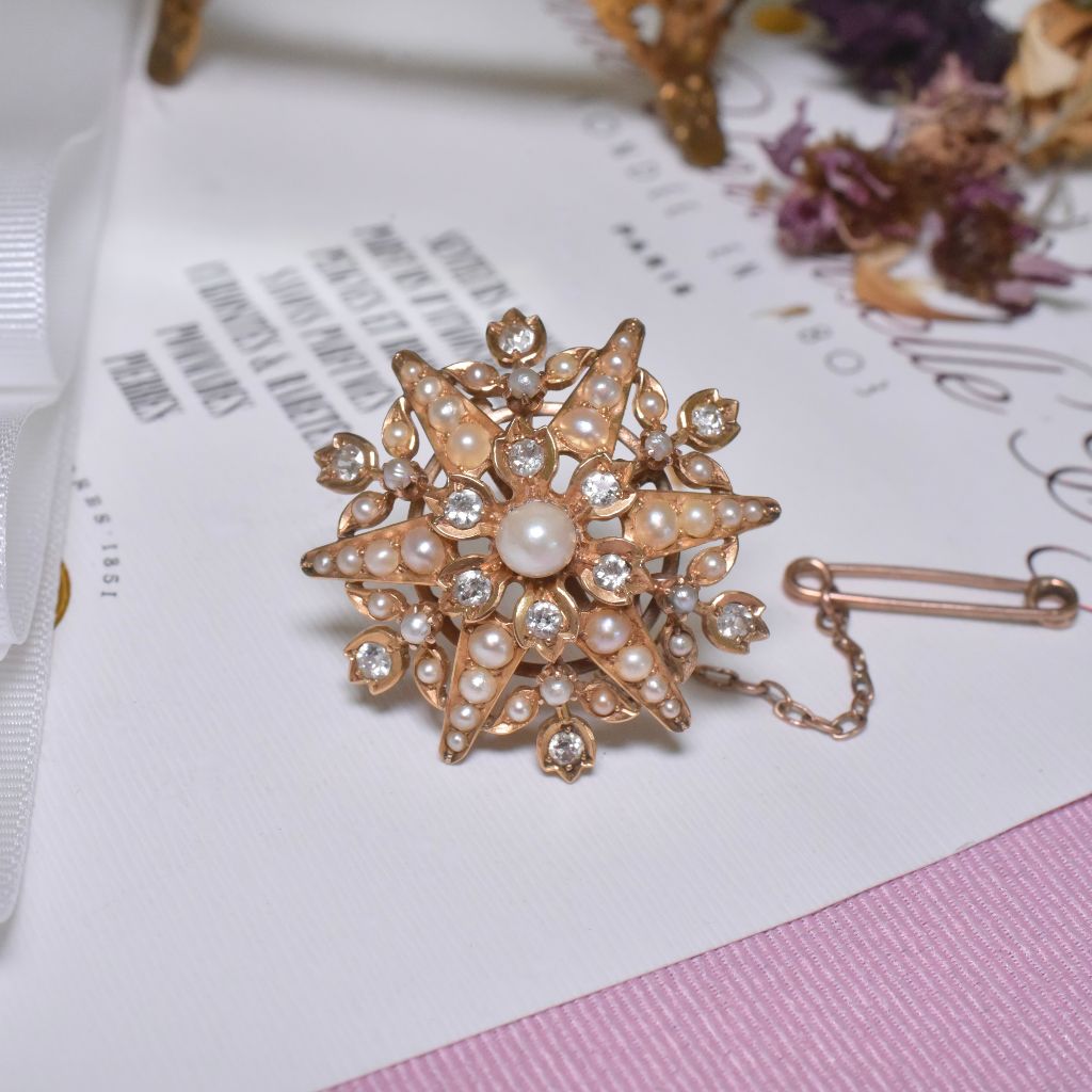 Superb Antique Victorian 15ct Rose Gold Diamond And Pearl ‘Starburst’ Brooch Circa 1890-1900