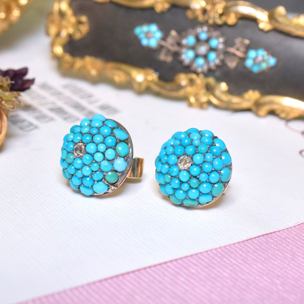 Antique Victorian 9ct Rose Gold Persian Turquoise And Diamond ‘Bombe’ Earrings