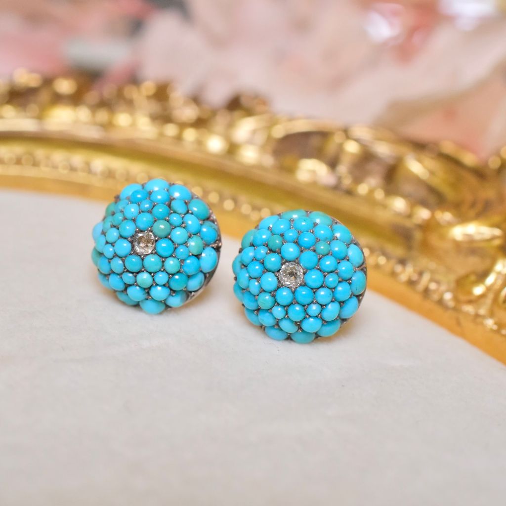 Antique Victorian 9ct Rose Gold Persian Turquoise And Diamond ‘Bombe’ Earrings