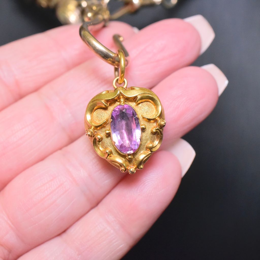 Antique Mid-Victorian 15ct Yellow Gold Amethyst Heart Locket Pendant