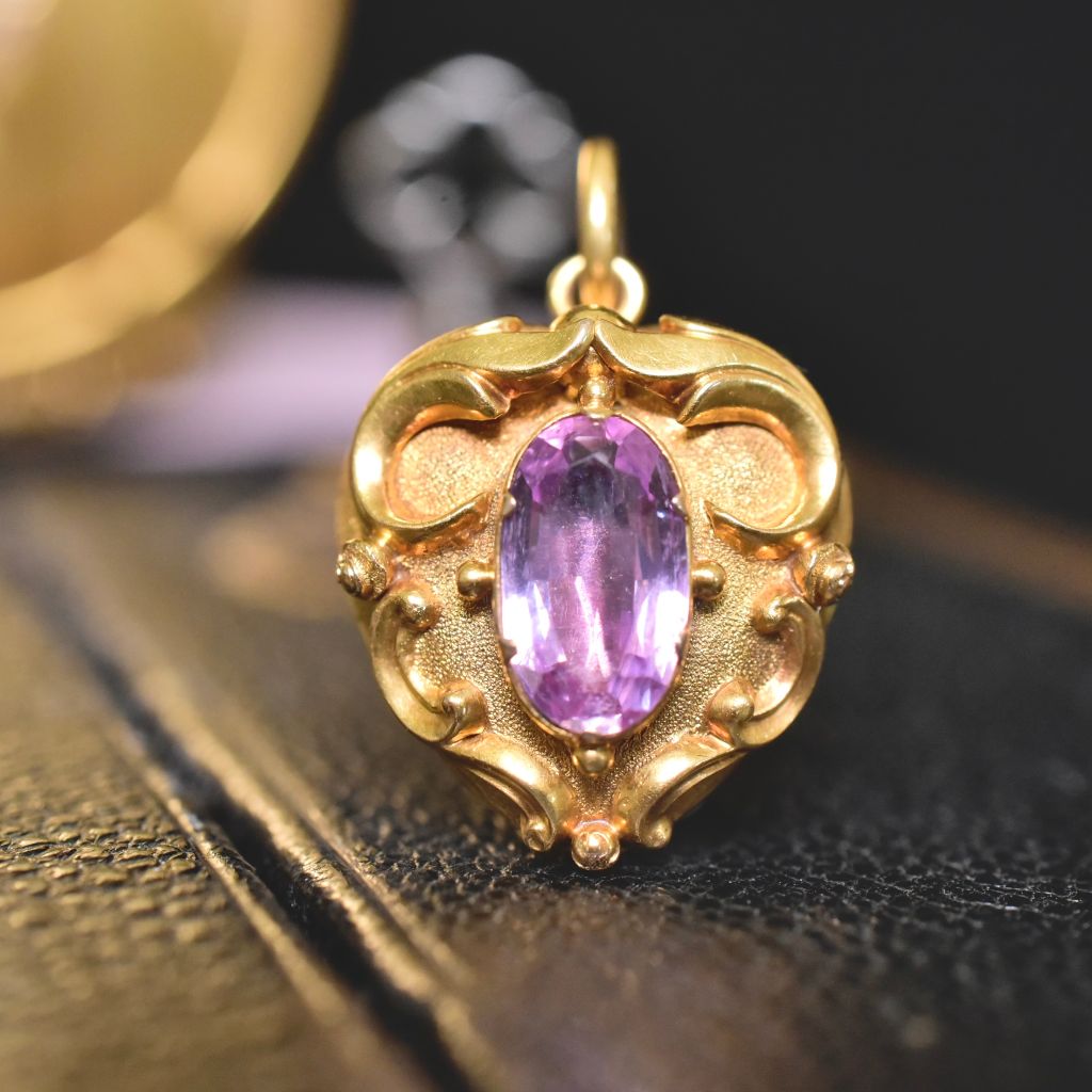 Antique Mid-Victorian 15ct Yellow Gold Amethyst Heart Locket Pendant