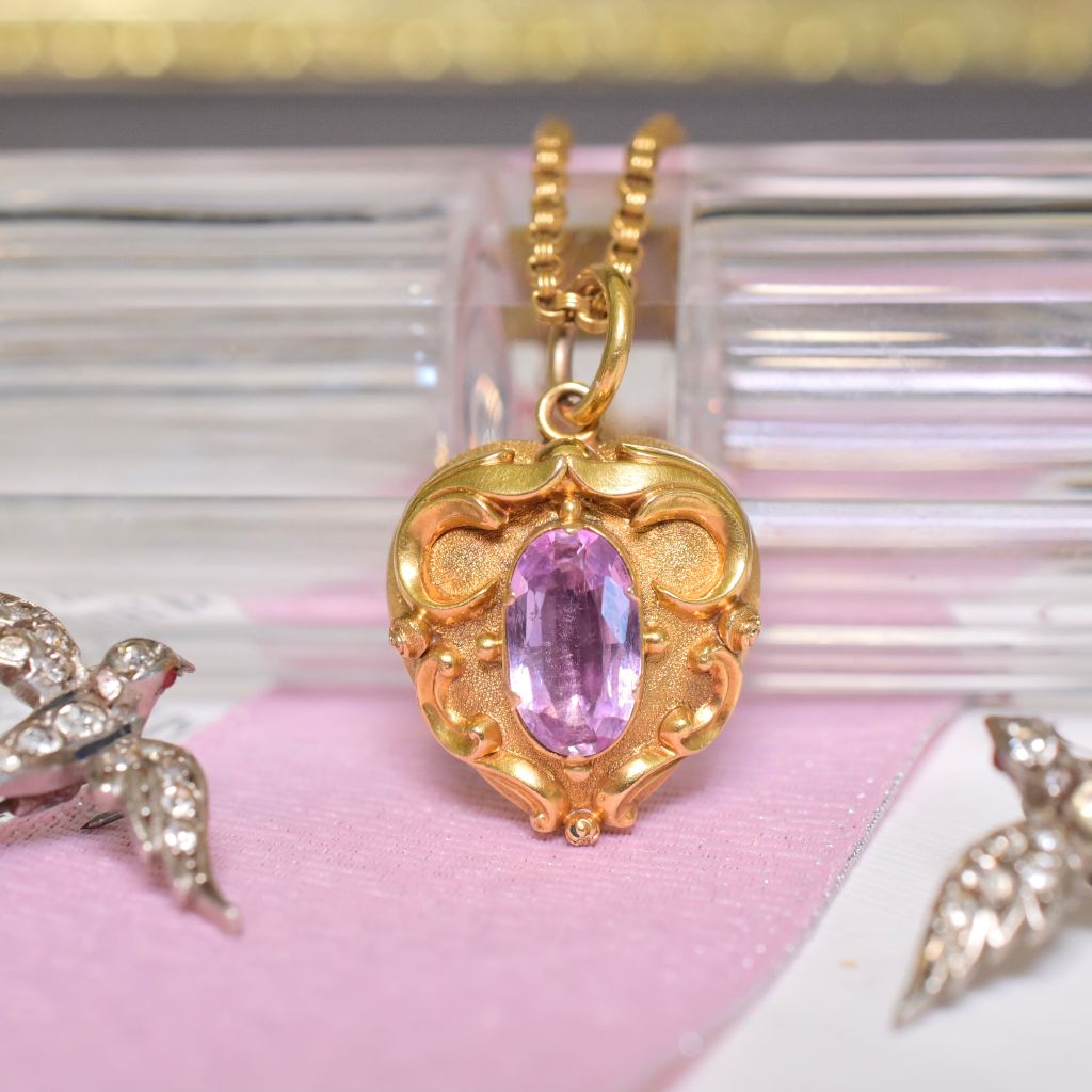 Antique Mid-Victorian 15ct Yellow Gold Amethyst Heart Locket Pendant