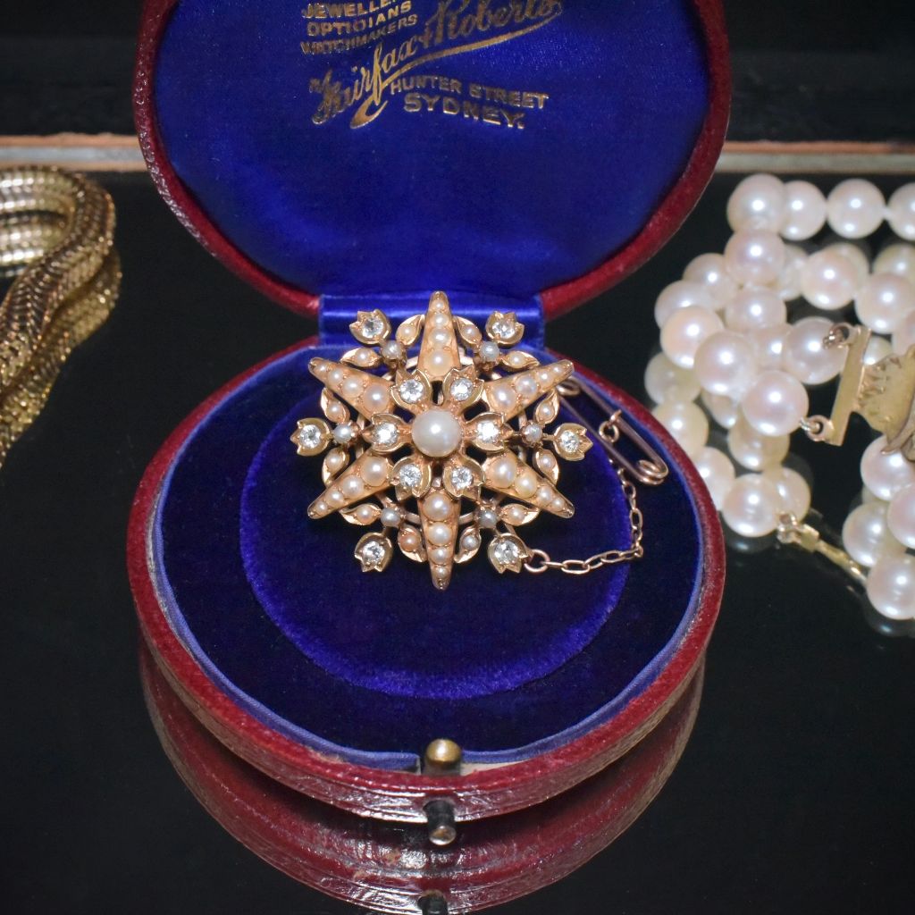 Superb Antique Victorian 15ct Rose Gold Diamond And Pearl ‘Starburst’ Brooch Circa 1890-1900