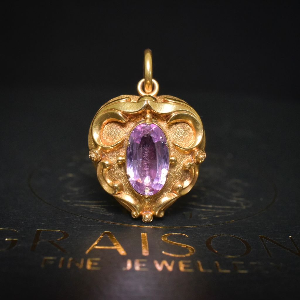 Antique Mid-Victorian 15ct Yellow Gold Amethyst Heart Locket Pendant