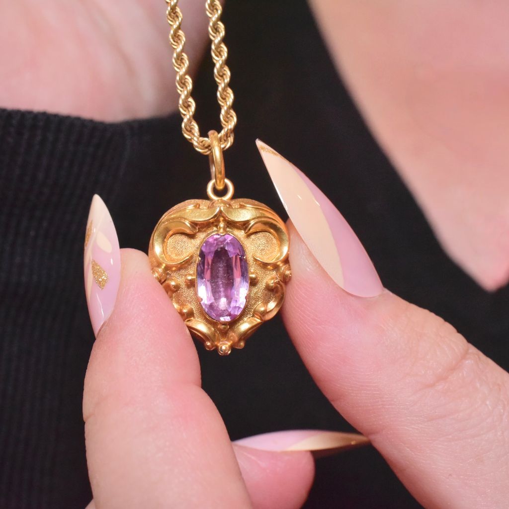 Antique Mid-Victorian 15ct Yellow Gold Amethyst Heart Locket Pendant