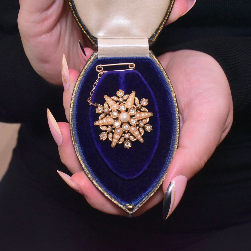 Superb Antique Victorian 15ct Rose Gold Diamond And Pearl ‘Starburst’ Brooch Circa 1890-1900