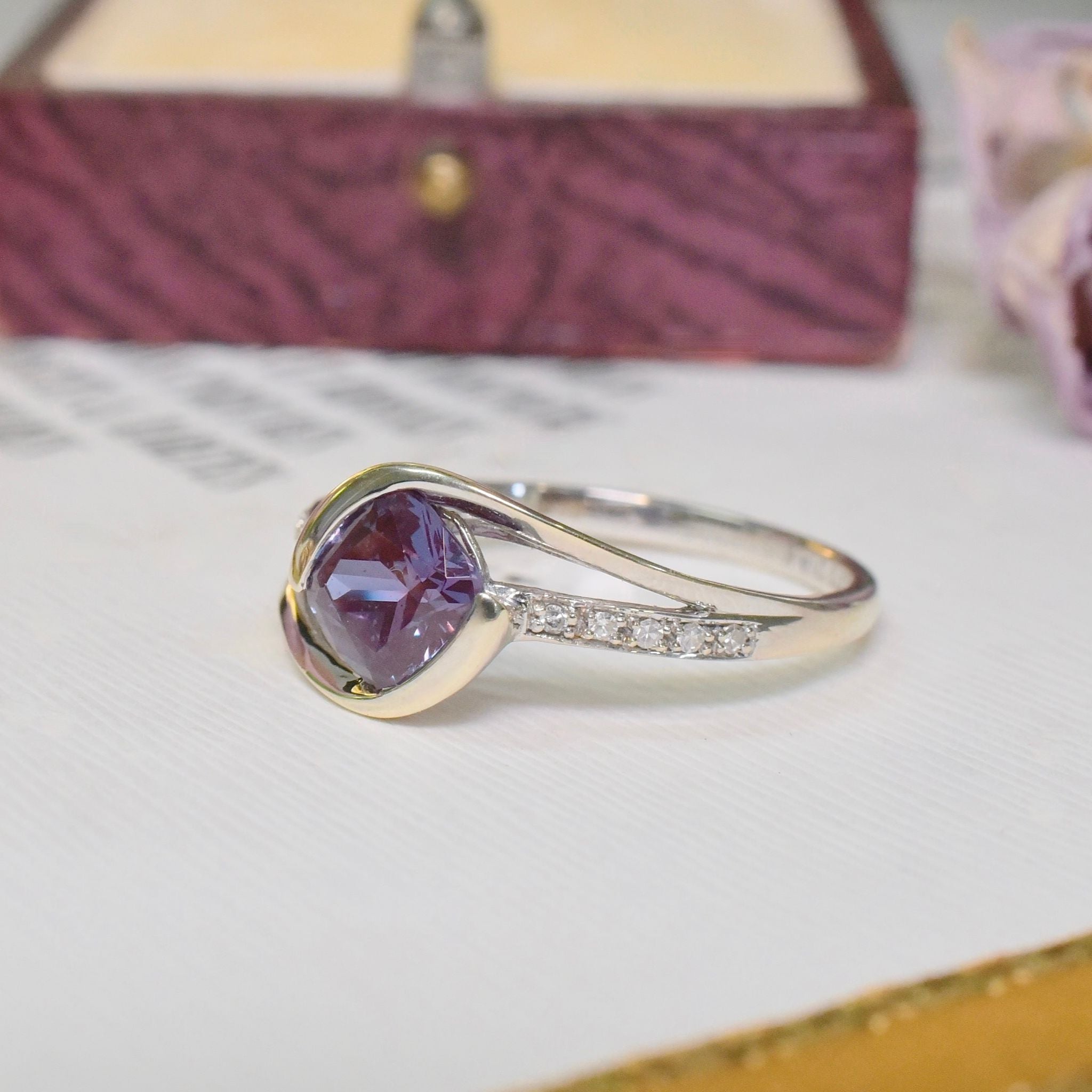 Modern 9ct White Gold Man-Made Colour Change Sapphire And Diamond Ring - London