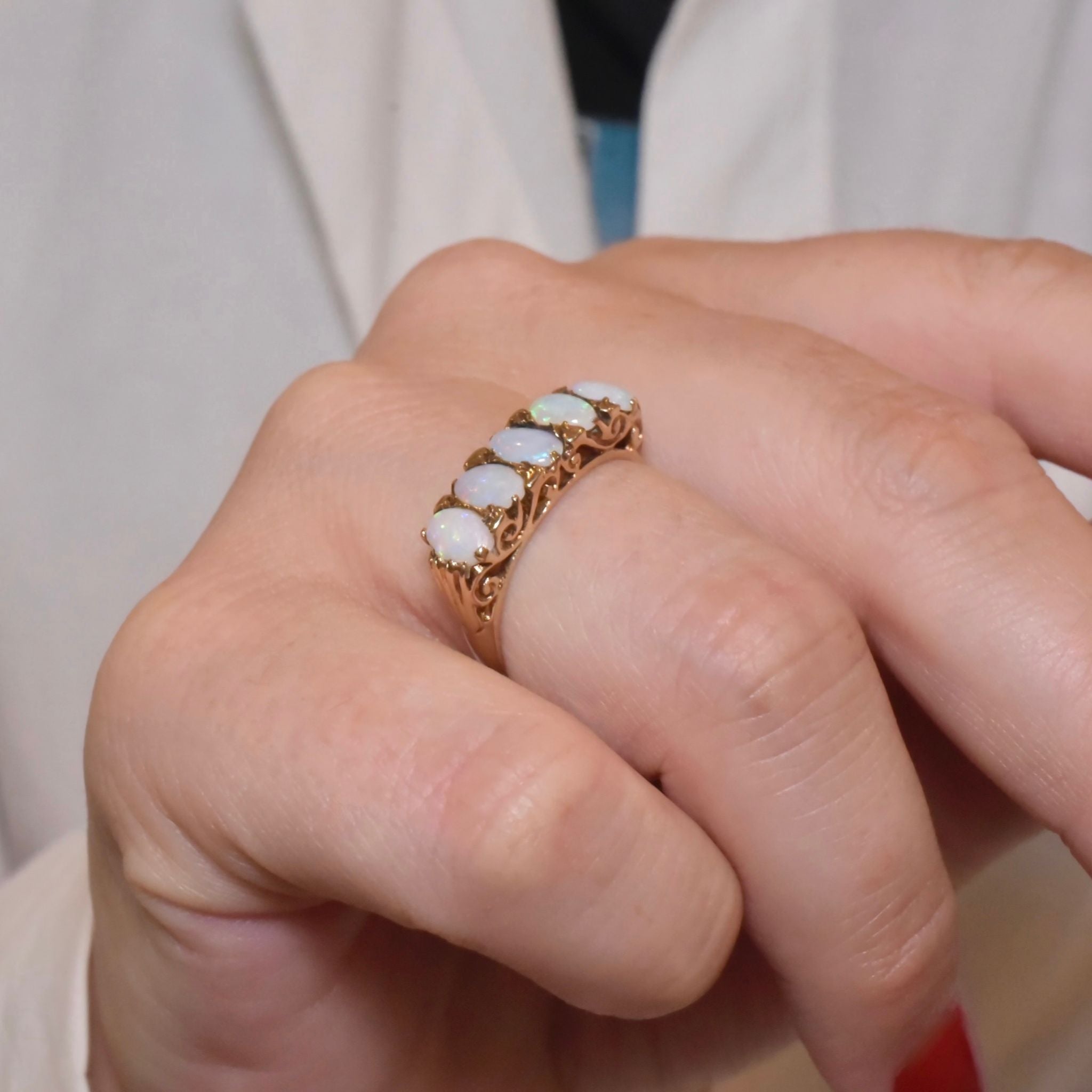 Vintage 9ct Yellow Gold Solid Opal ‘Half Hoop’ Ring - London 1972