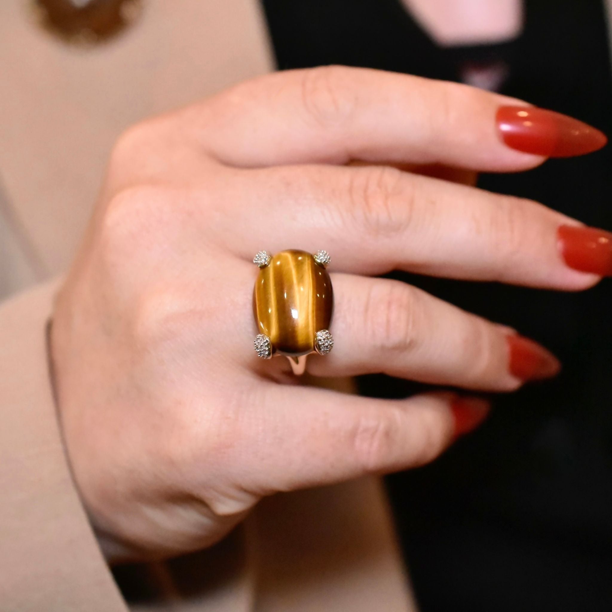 Vintage 9ct Yellow Gold Tiger Eye And Diamond Ring