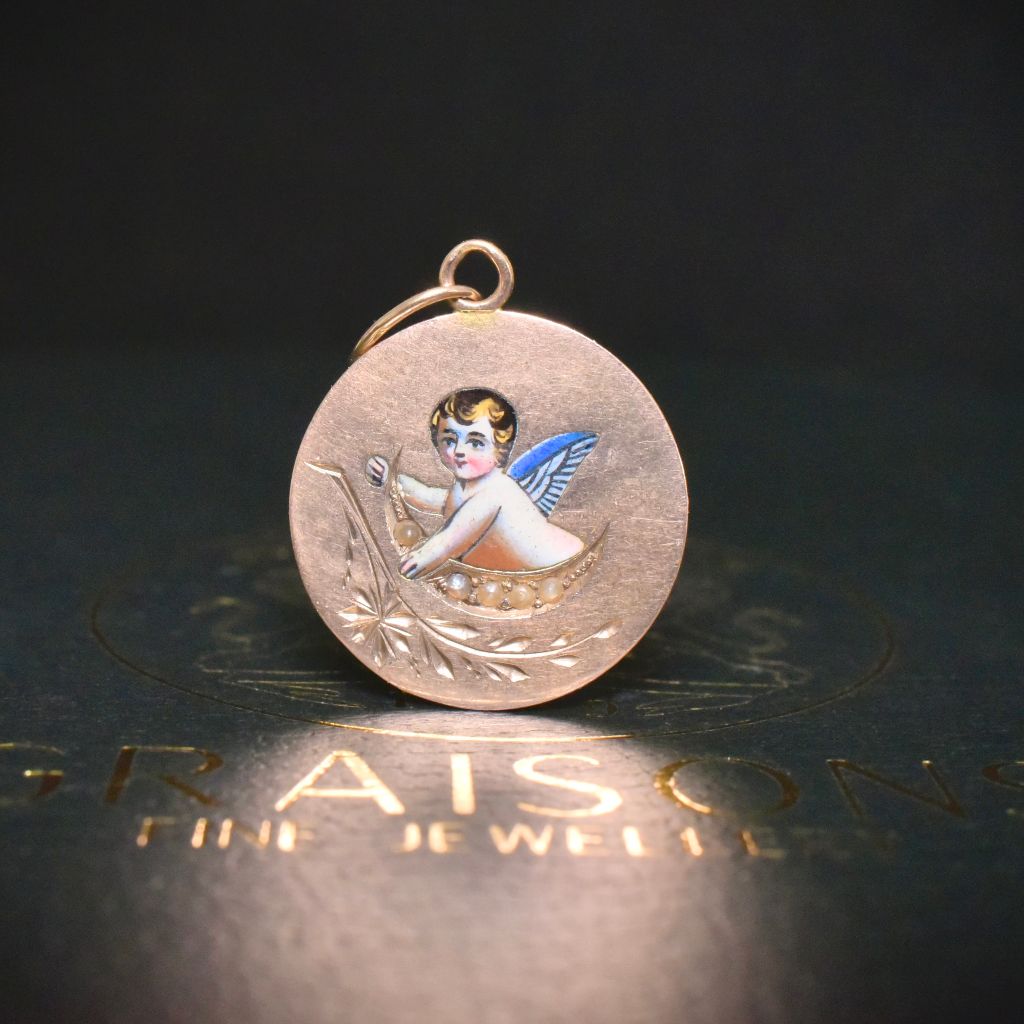 Antique Victorian 15ct Rose Gold And Hand Painted Fire Enamel Cherub/Angel Pendant Circa 1880