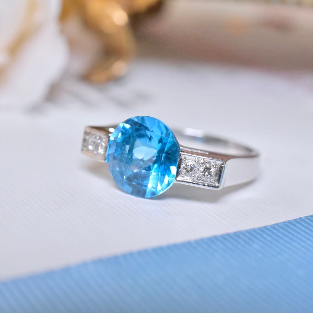 Superb 18ct White Gold Swiss blue Topaz And Diamond Ring