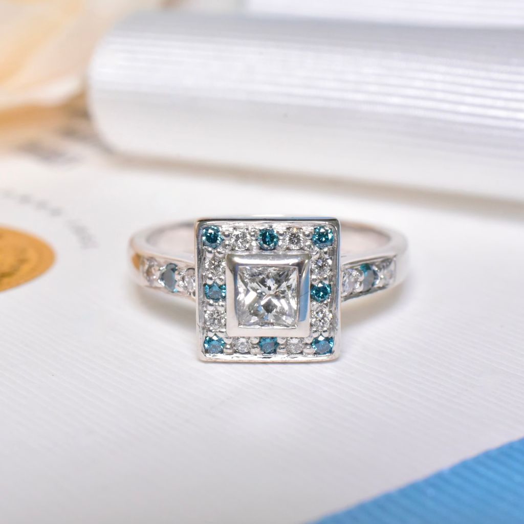 Modern 18ct White Gold Princess-Cut And Blue Diamond Ring Independent Valuation Included In Purchase For $4,275 AUD