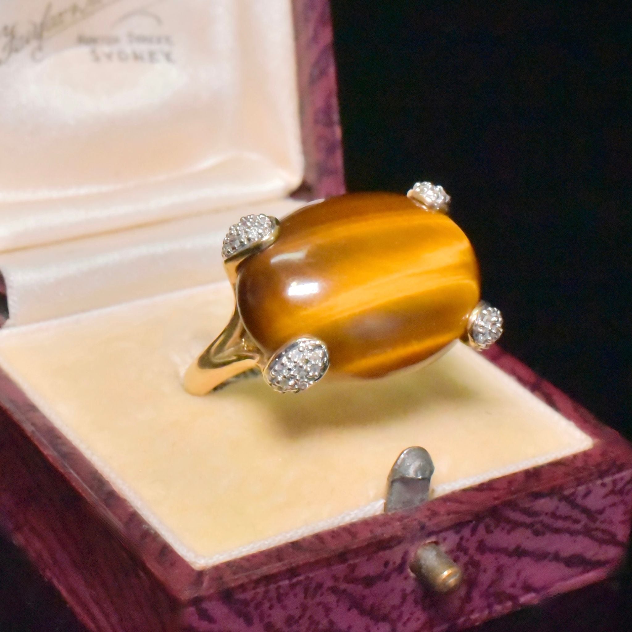 Vintage 9ct Yellow Gold Tiger Eye And Diamond Ring