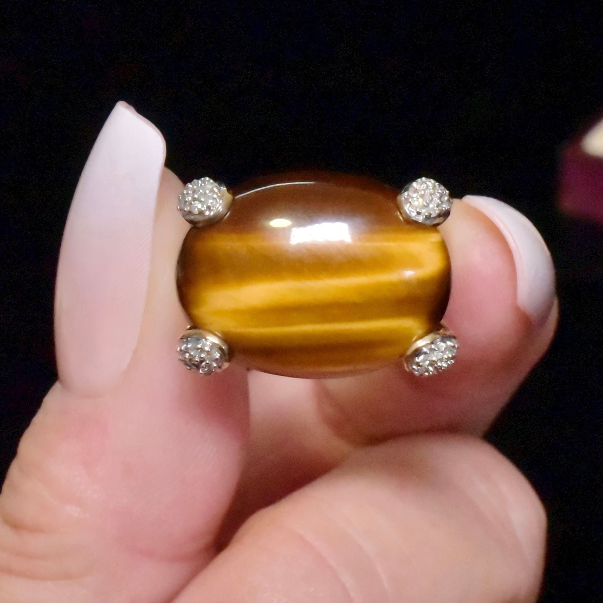 Vintage 9ct Yellow Gold Tiger Eye And Diamond Ring