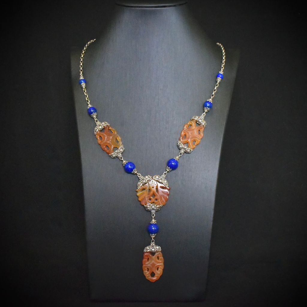 Contemporary Artisan Sterling Silver Lapis Lazuli And Carnelian Necklace