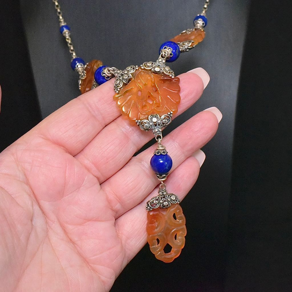 Contemporary Artisan Sterling Silver Lapis Lazuli And Carnelian Necklace