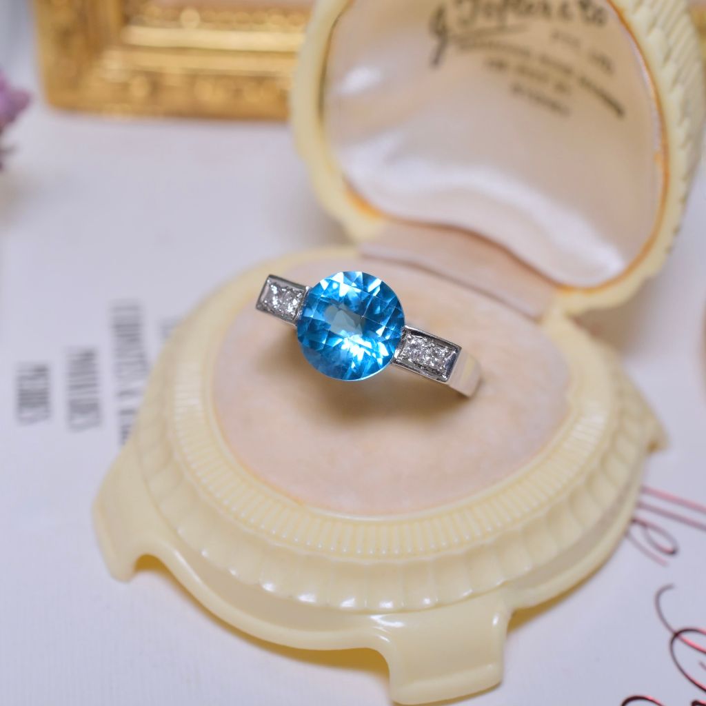 Superb 18ct White Gold Swiss blue Topaz And Diamond Ring