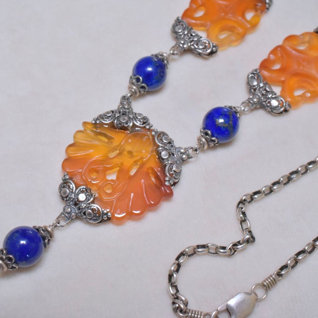 Contemporary Artisan Sterling Silver Lapis Lazuli And Carnelian Necklace